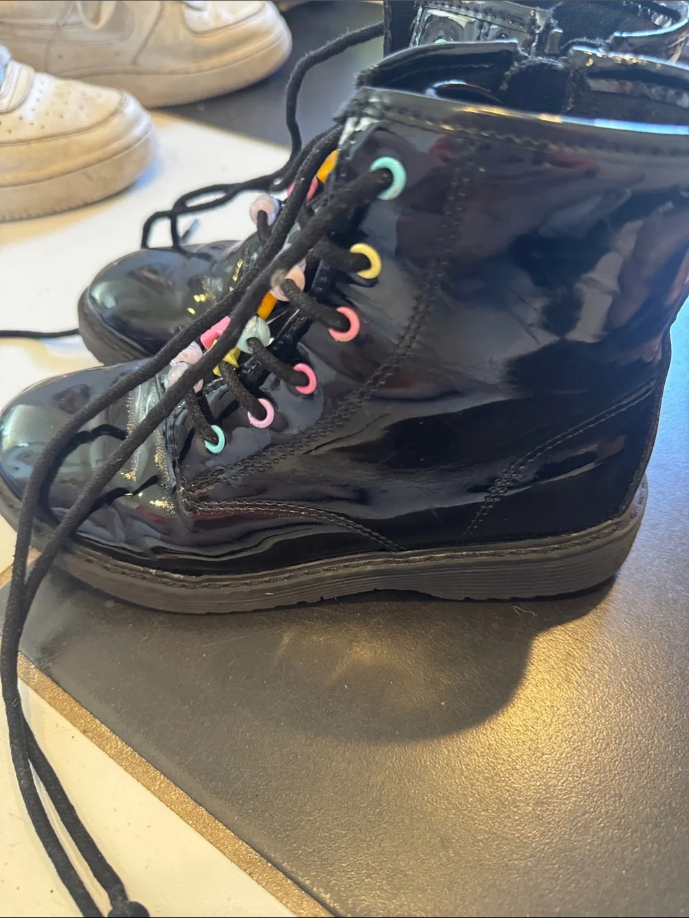 Black Patent Lace-Up Boots with Rainbow Eyelets childrens sz 1